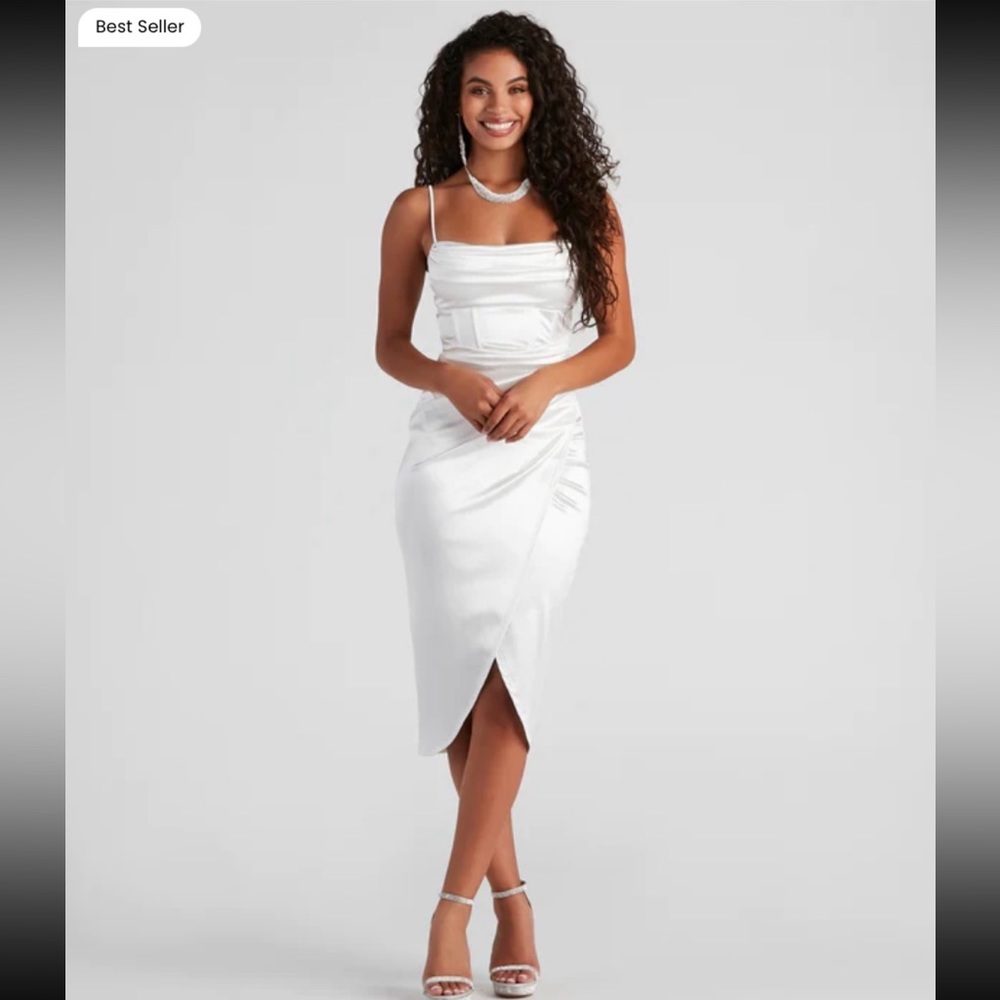 Margaret Formal Satin Wrap Midi Dress - Ivory